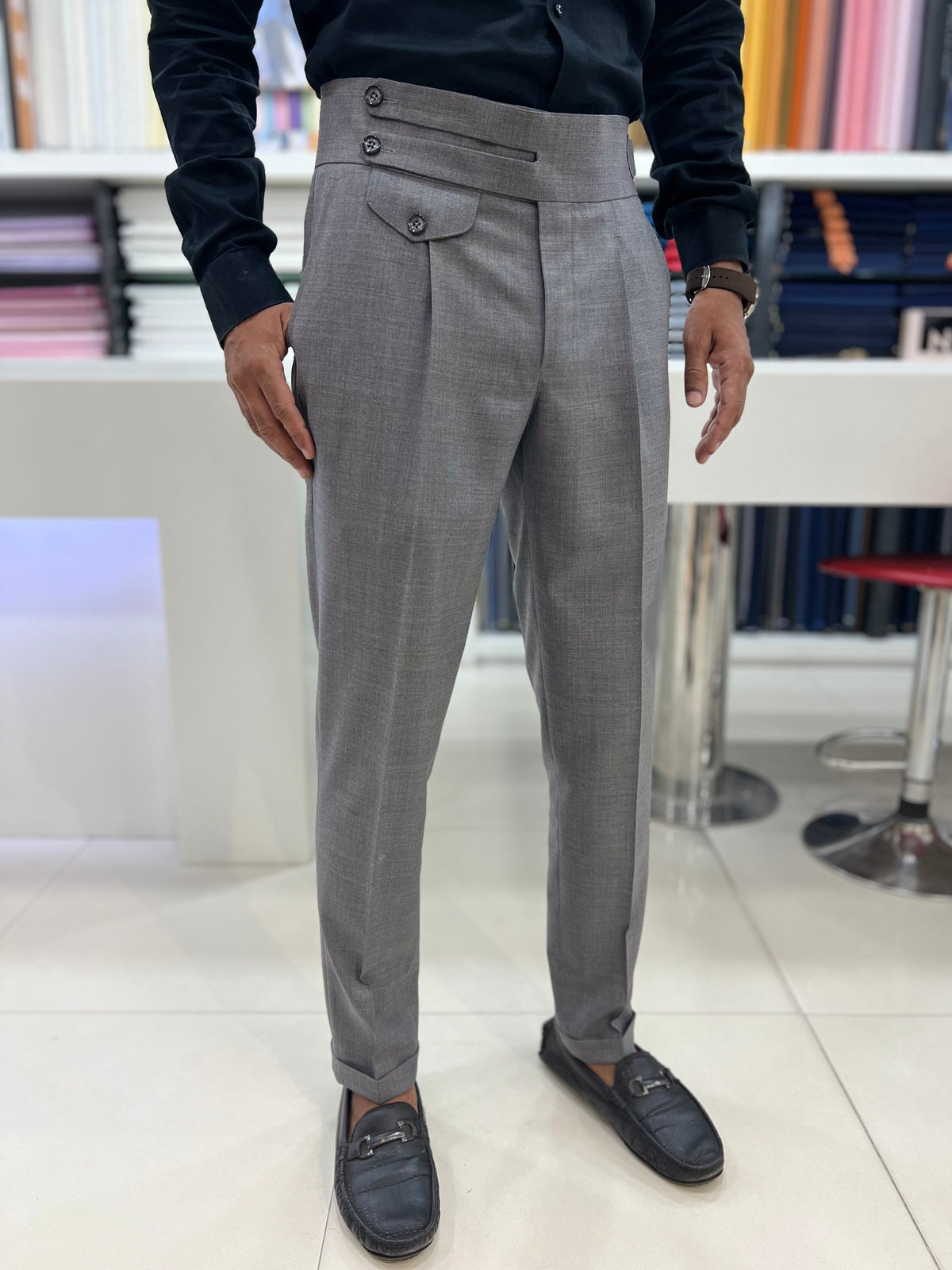 Grey Gurkha pant with single side buckle