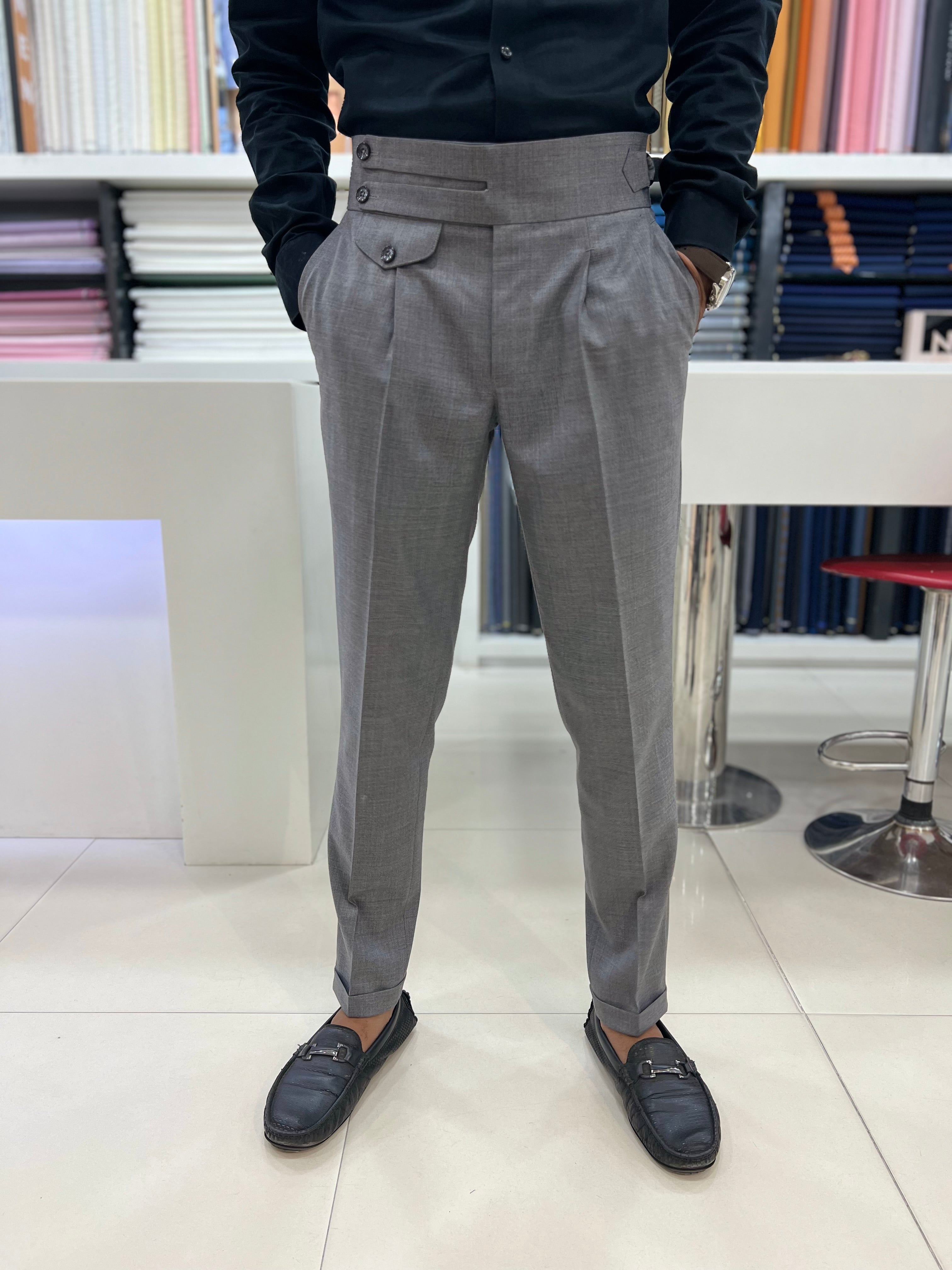 Grey Gurkha pant with single side buckle