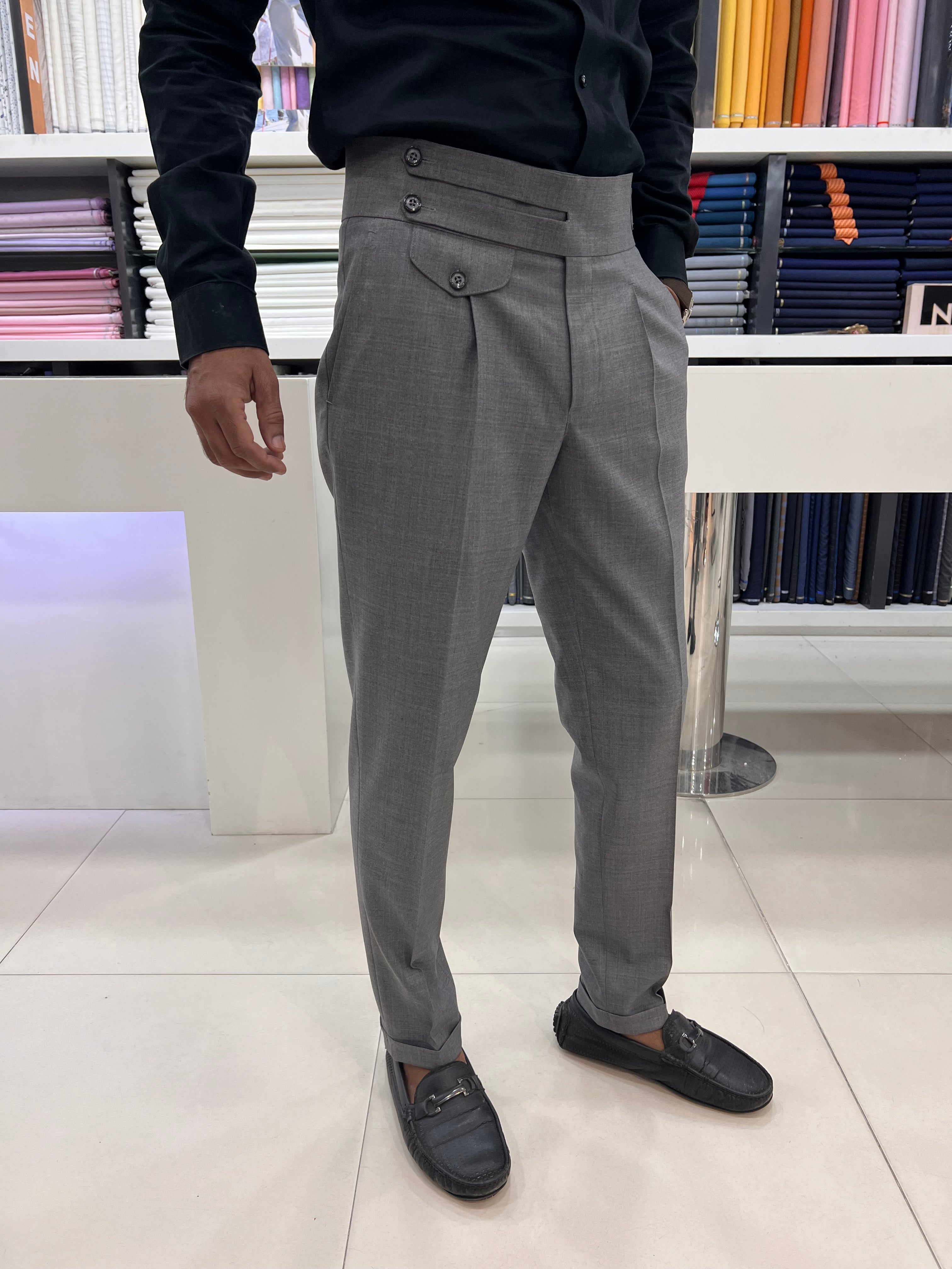 Grey Gurkha pant with single side buckle