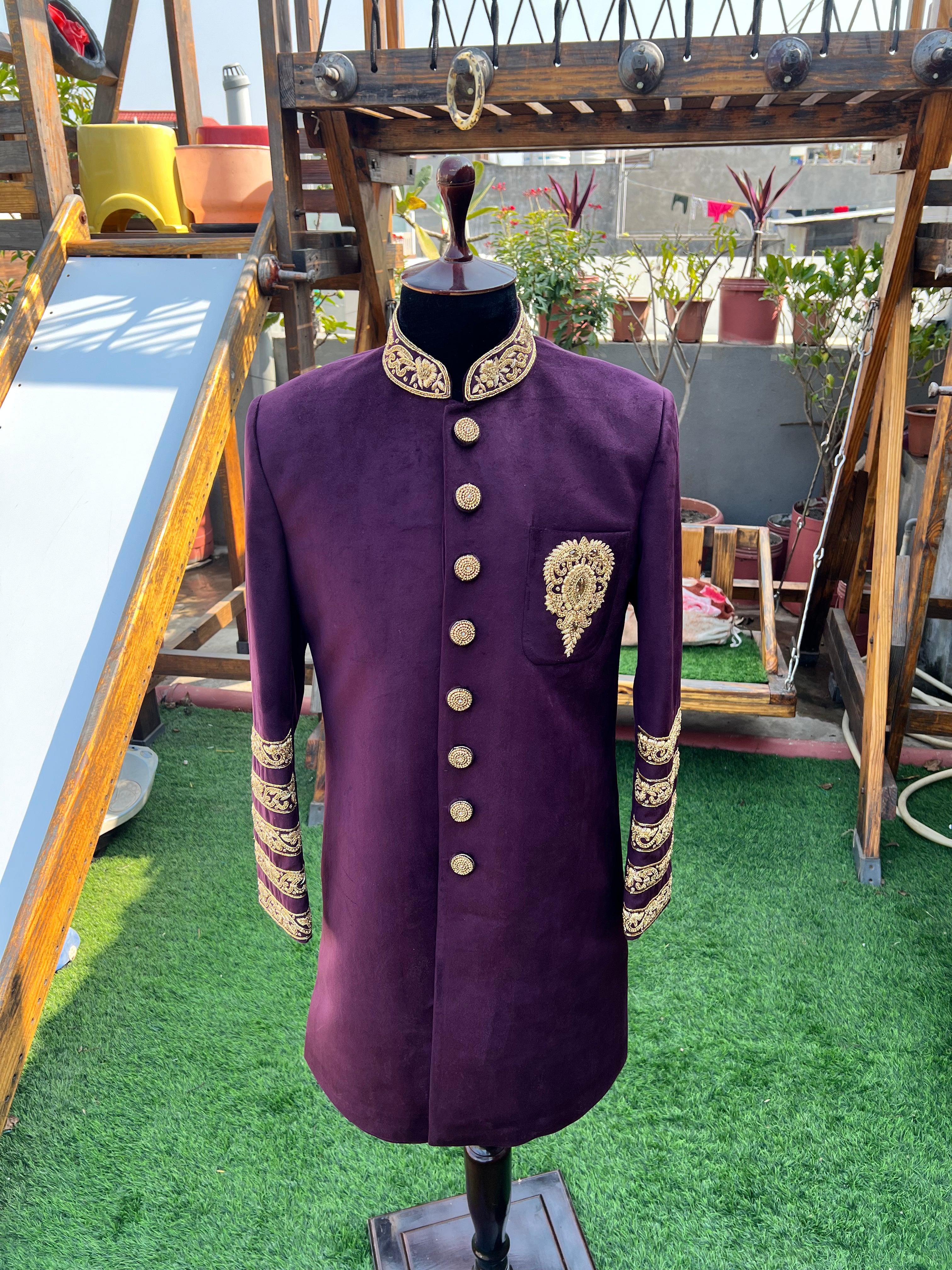 Purplish wine achkan with hand work