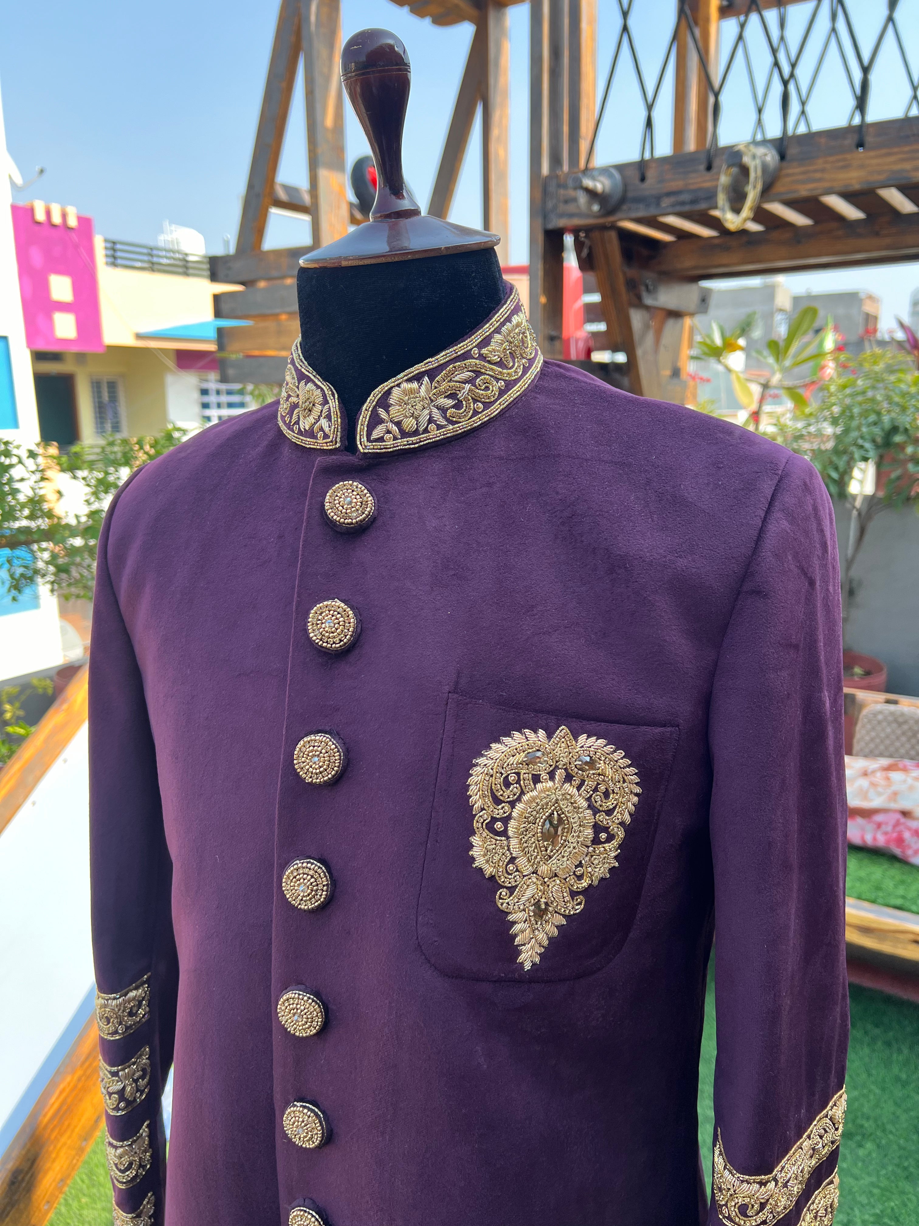 Purplish wine achkan with hand work