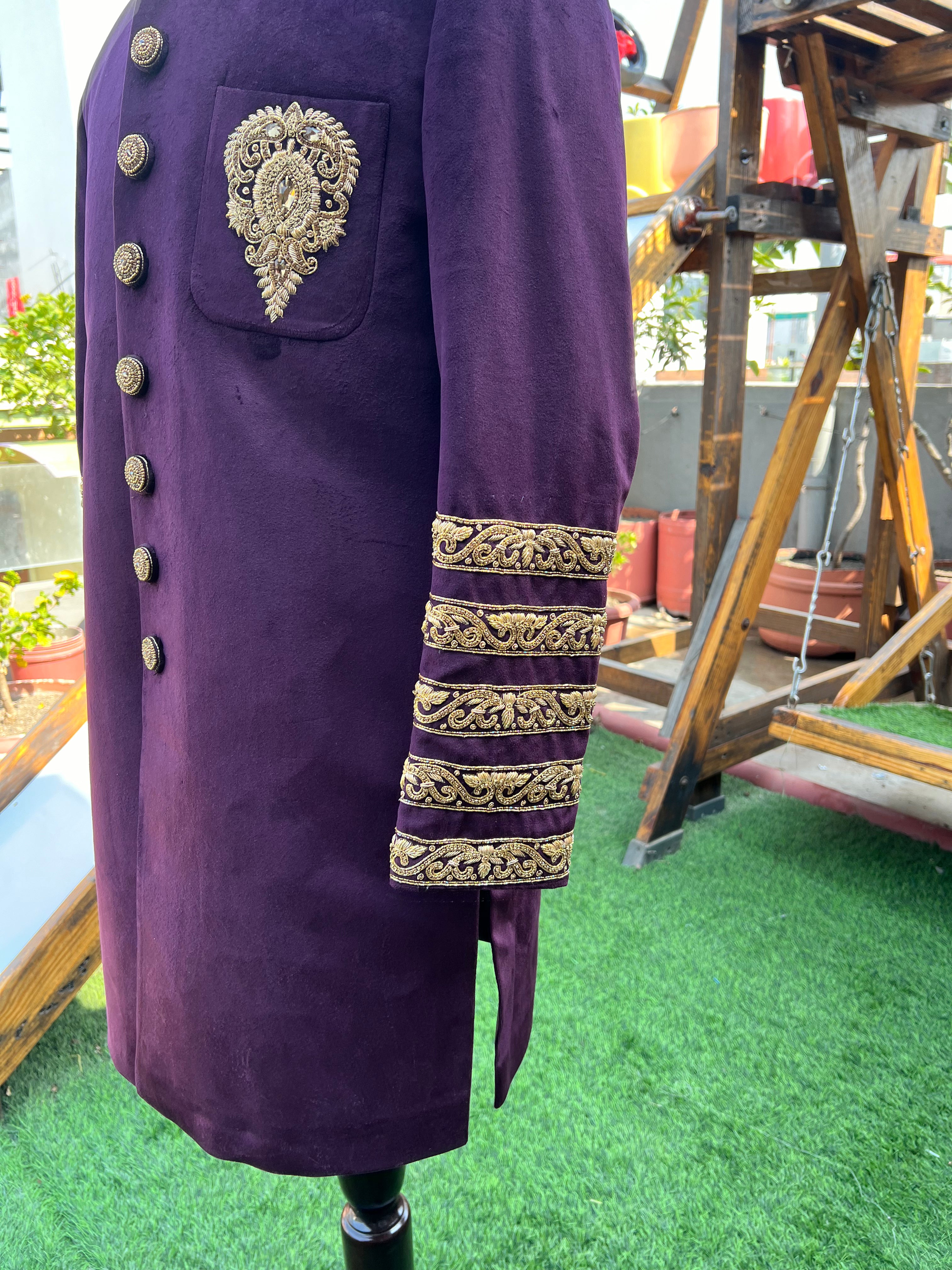 Purplish wine achkan with hand work