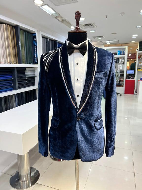 Unique Blue Velvet Tuxedo with Blending Lines by ZUBER STYLO