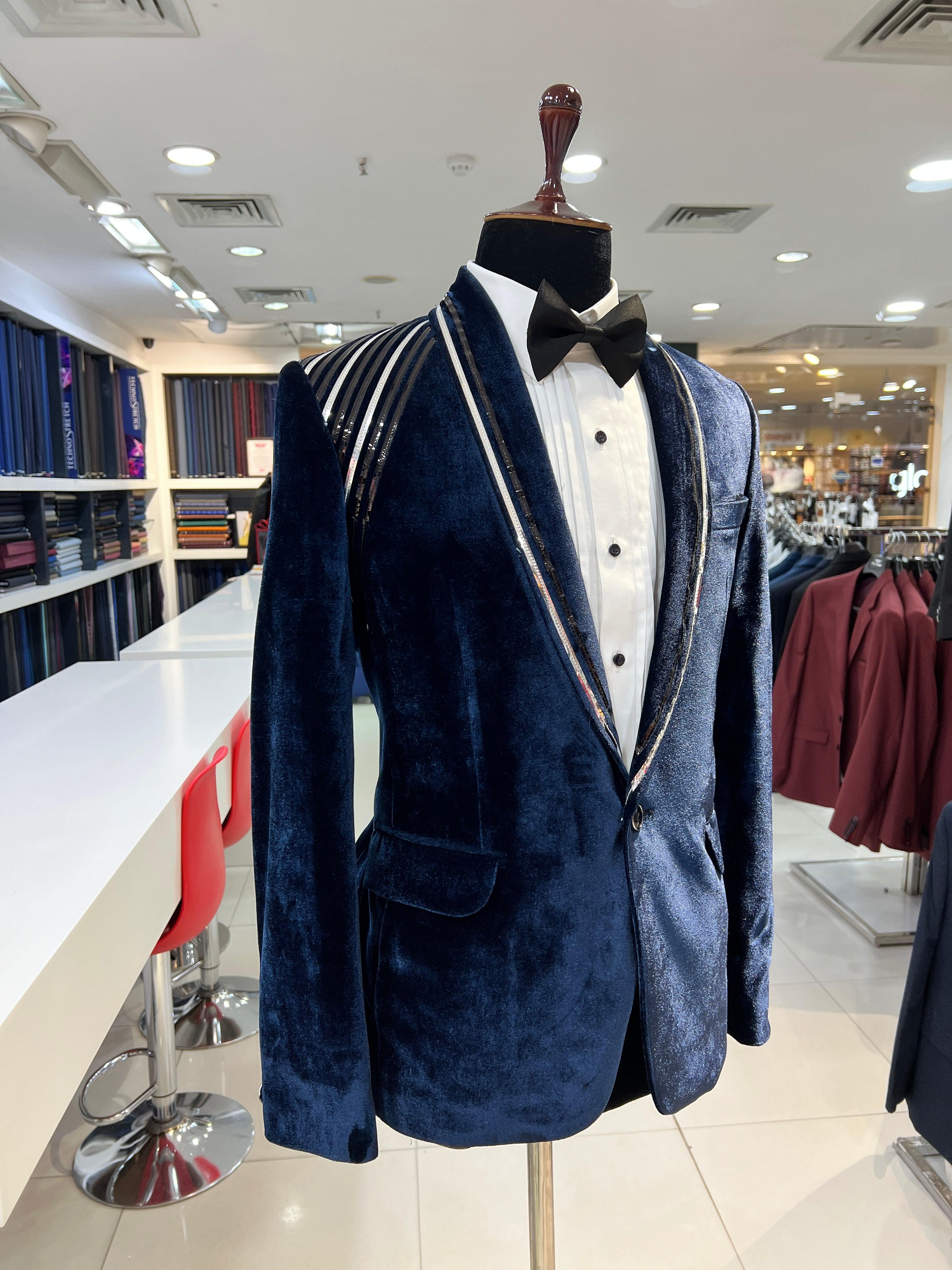 Unique Blue Velvet Tuxedo with Blending Lines by ZUBER STYLO