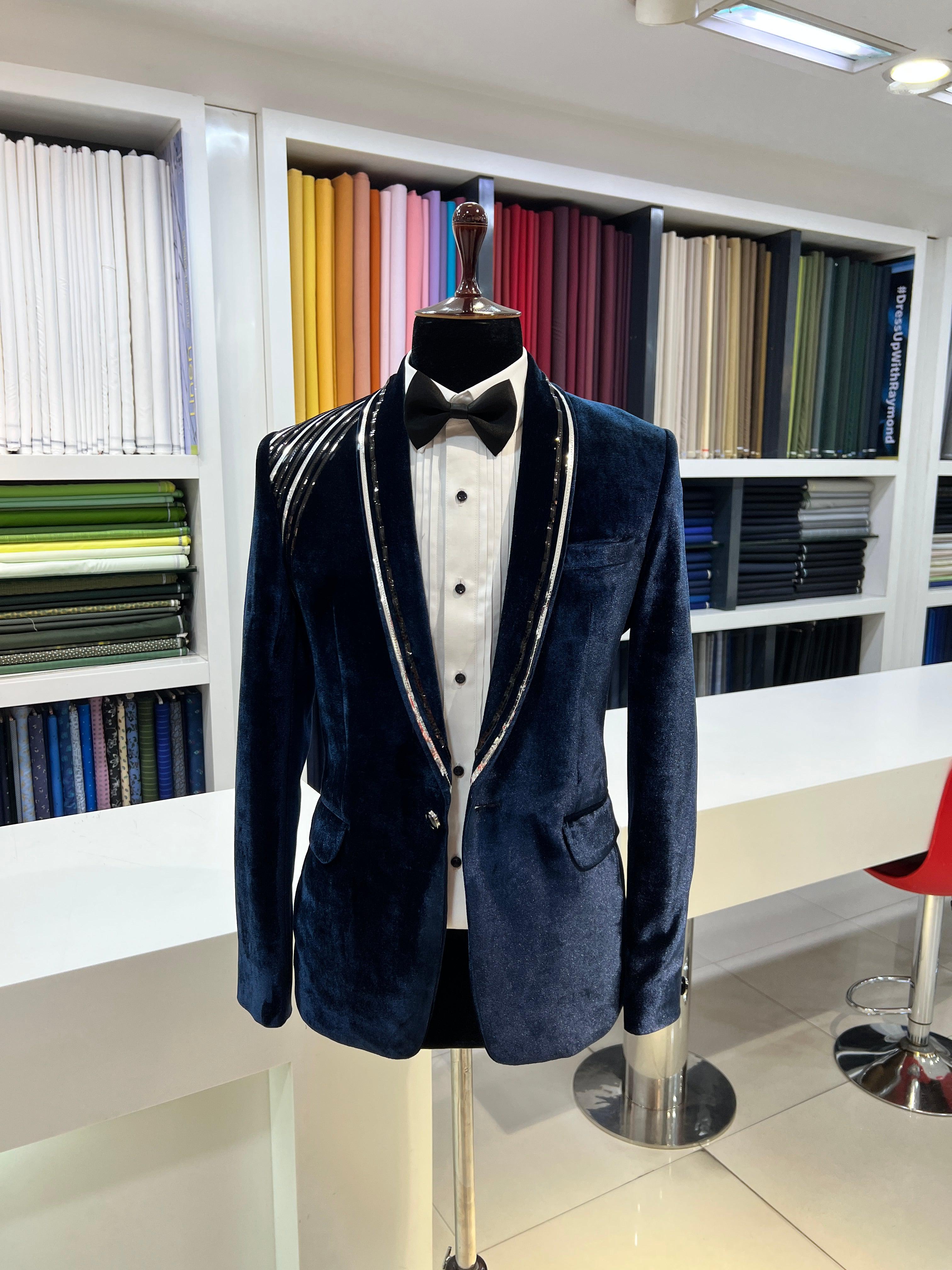 Unique Blue Velvet Tuxedo with Blending Lines by ZUBER STYLO