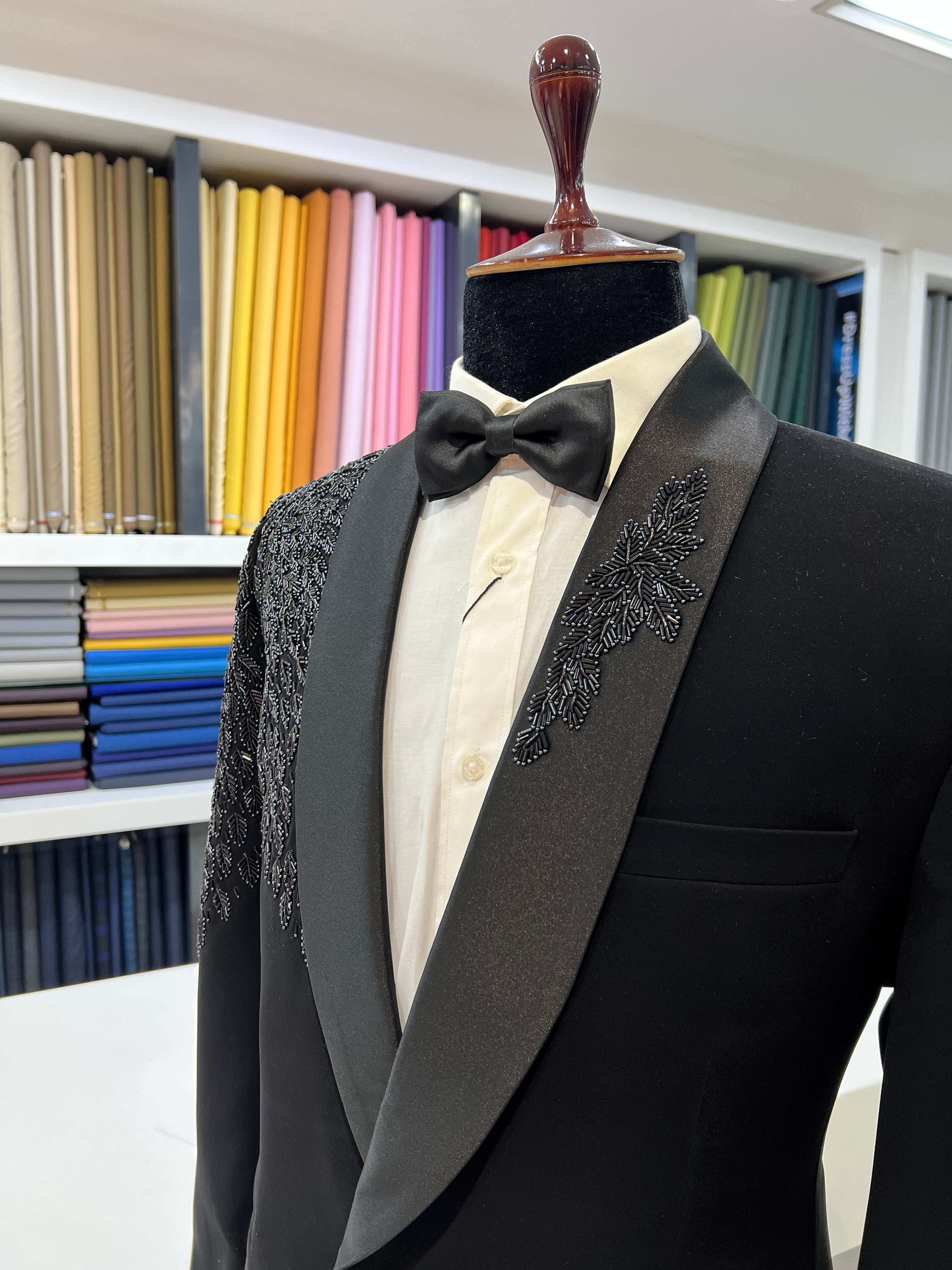 Elegant Black Tuxedo with Handwork by ZUBER STYLO